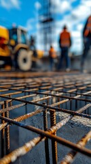 Reinforcement Steel Mesh on Concrete Slab with Construction Workers and Heavy Machinery in the Background on a Sunny Day