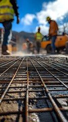 Construction Site with Steel Reinforcement Mesh and Workers in Background, Concrete Pouring Preparation, Infrastructure Development, Close-up Perspective