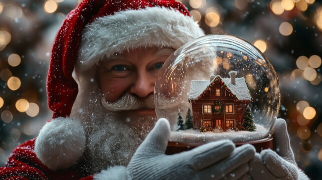Santa Claus Holding a Snow Globe with a Cozy Christmas House Inside, Festive Lights and Snowflakes, Holiday Magic
