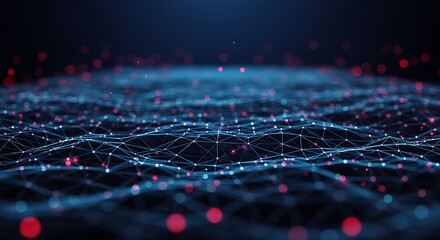 Abstract digital network of glowing blue lines and red dots on a dark background, representing data connections and technology
