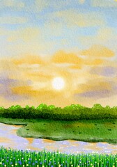 Fototapeta premium Watercolor Sunrise Landscape with River and Meadow