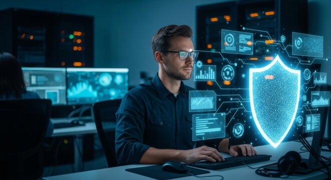 Cybersecurity analyst monitoring data protection with digital shield in server room