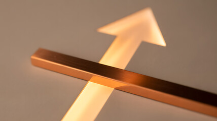 A luminous arrow points upward, intersecting a copper bar, symbolizing growth and progress in a minimalist composition with warm, inviting tones