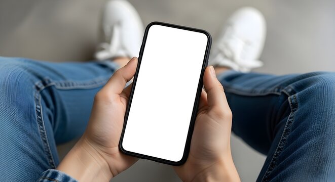 Young adult holding a blank screen smartphone in hands wearing blue jeans and white sneakers showing a casual lifestyle with technology connection and communication concept