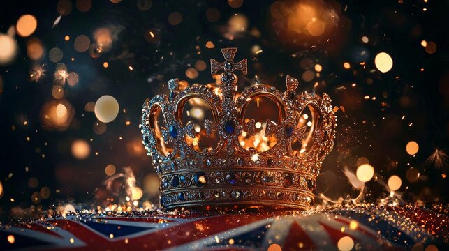 Ornate Golden Crown Jeweled with Sapphires Resting on a Union Jack Flag with Bokeh Lights and Glitter