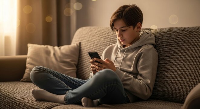 Teenager engaged with smartphone while relaxing on sofa
