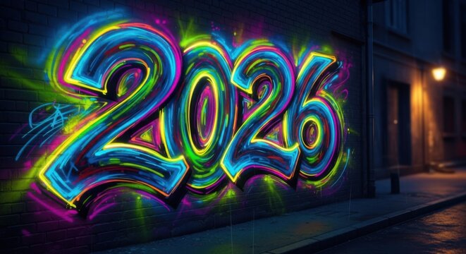 Vibrant Graffiti Year 2026 on Brick Wall - Powered by Adobe