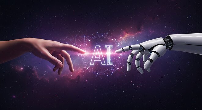 Human finger touching a robotic hand with the word ai in between, set against a cosmic background, representing the dawn of artificial intelligence