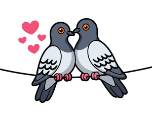 Cute cartoon pigeons in love perched on a wire, sharing a tender moment with floating hearts, romantic illustration