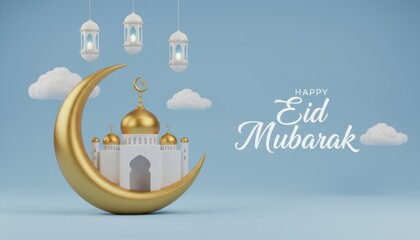 Elegant Golden Crescent Moon Mosque Illustration with Hanging Lanterns for Eid Mubarak Greeting
