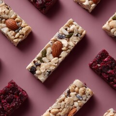 116. healthy snack bars arranged in flat lay composition, editorial style, soft diffused glow, balanced rule of thirds, brand-safe, no logos