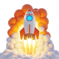 Cartoon rocket launching with fire and smoke isolated on transparent background