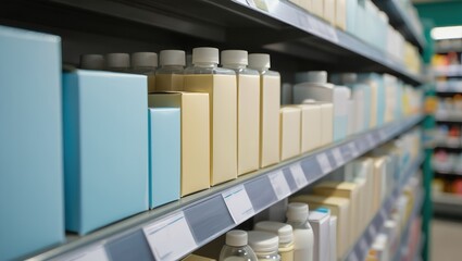 Colorful retail shelves display cosmetics and bottles in bright aisle