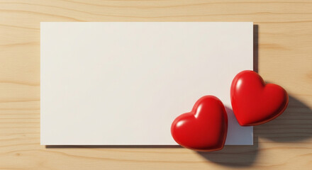 A blank white card with two red heart shaped objects on a wooden surface in a close up shot