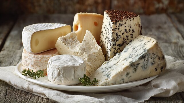 A selection of cheeses is artfully arranged on a white plate, placed upon a textured wooden surface. Perfect for culinary enthusiasts & cheese lovers.