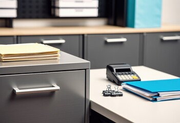Close-up of office filing cabinet drawer with metal handle and folders
