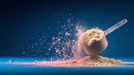 Scoop of Supplement Powder: A heap of tan powder with a scoop.  Powder scattered, showcasing protein, creatine, or similar supplement, against a blue backdrop. Nutritious boost