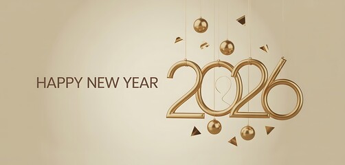 Stylish 2026 happy new year greeting card with golden balls on beige background