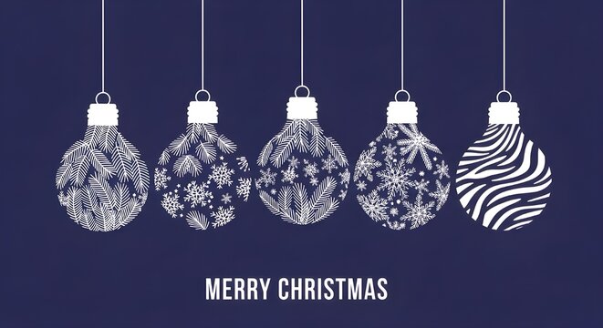 Five hanging christmas light bulbs with intricate patterns and one with zebra stripes on a dark blue background