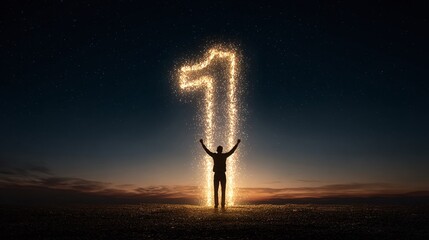 Silhouette of a person standing beneath a glowing number one in the sky, symbolizing achievement and success under a starry night. A powerful image of ambition fulfilled.