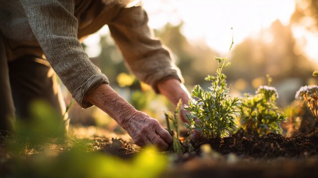 An elderly Caucasian man with gray hair kneels in a garden, planting young green plants in rich soil during sunset - Powered by Adobe