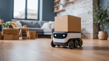 Autonomous delivery robot in a modern home, carrying a cardboard box on its back.  The future of package delivery is here, making life more convenient and efficient for all.
