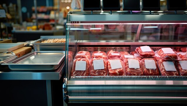 Close-up display unit facing directly at camera with fresh meat cuts in shop