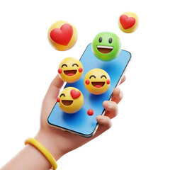 Hand holding smartphone with happy emojis and hearts floating above isolated on transparent background
