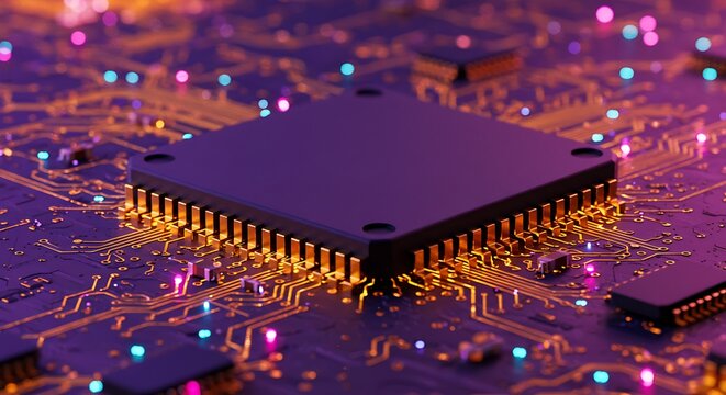 A central processing unit cpu mounted on a complex circuit board, with glowing orange and purple lights highlighting the intricate pathways