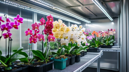 Vibrant display of various orchids in pots under grow lights in a greenhouse
