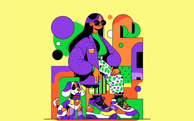 Fototapeta premium Modern illustration depicting a stylish young woman sitting on abstract