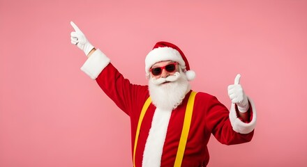 Cool santa claus wearing sunglasses and pointing with both hands on a pink background