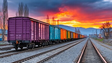 Fototapeta premium Freight train with colorful wagons on railway tracks at sunset