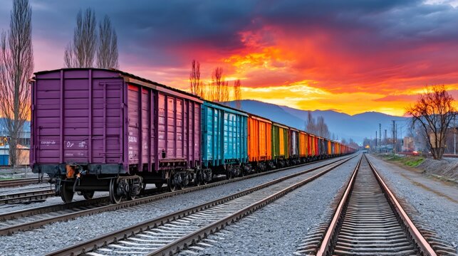 Freight train with colorful wagons on railway tracks at sunset