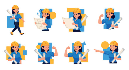 Fototapeta premium Female architect with blueprints in various poses