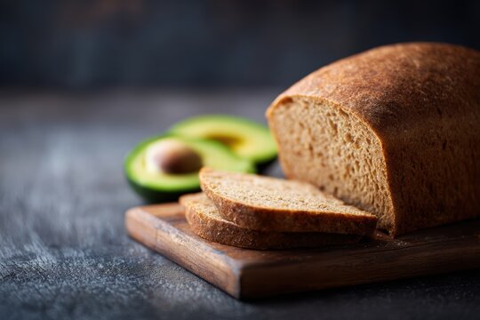 209. whole grain bread and avocado on cutting board, professional tone, gentle key and fill light, balanced rule of thirds, brand-safe, no logos
