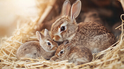 Cute rabbits cuddling together in their nest made of straw under warm lighting