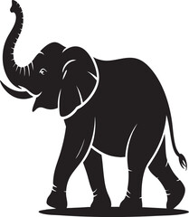 Fototapeta premium A striking black silhouette of an elephant in profile, with its trunk raised high, conveying power and movement.