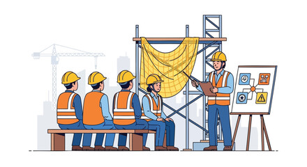 Construction site safety training session with workers listening to instructor explaining diagrams on a whiteboard