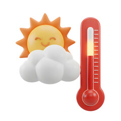 Smiling sun and thermometer show high temperature, weather icon isolated on transparent background