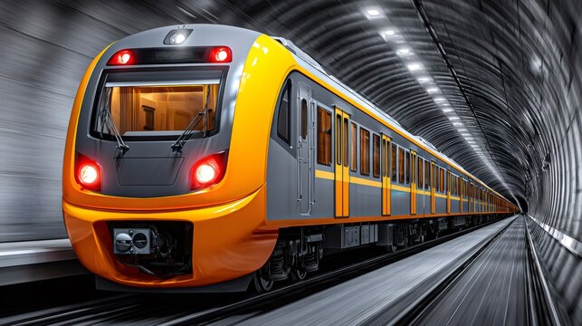 Modern commuter train speeding through an underground tunnel - Powered by Adobe