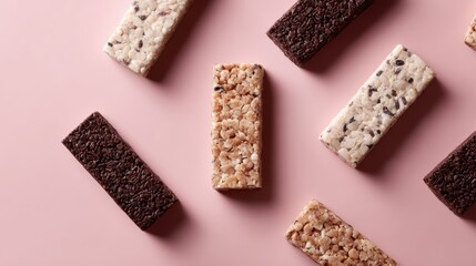 441. healthy snack bars arranged in flat lay composition, advertising mood, soft diffused glow, clean background for typography, brand-safe, no logos