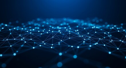 A network of glowing blue nodes and lines on a dark background, symbolizing connectivity, data transfer, and digital communication