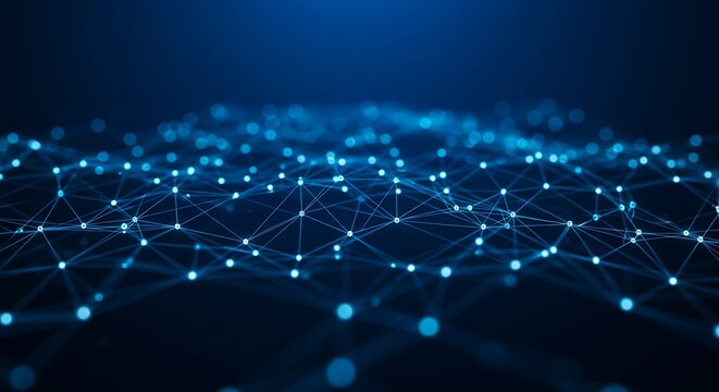 A network of glowing blue nodes and lines on a dark background, symbolizing connectivity, data transfer, and digital communication