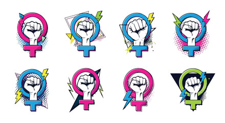 Feminist symbol with raised fist, colorful pop art style