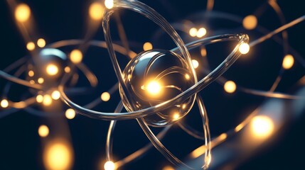 atom with glowing energy circles on a dark blue background, symbolizing the radiant and powerful nature of nuclear fusion in the sun