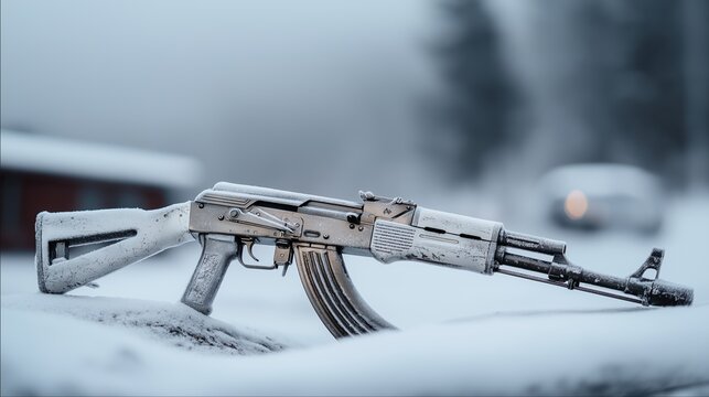 AK style rifle resting in snow-covered landscape