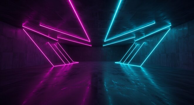 Futuristic neon tunnel with vibrant pink and cyan light lines, creating a sense of depth and modern architectural design