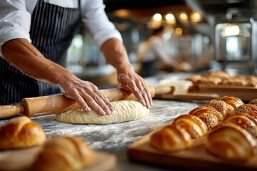 Bakery chef rolls out fresh dough while preparing various pastries in a bustling kitchen