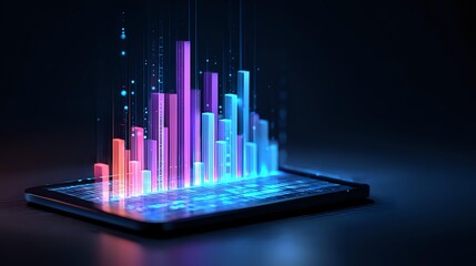 Colorful bar graph on a smartphone screen data visualization with glowing effects for business analytics and mobile app presentations